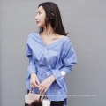 2019 Long Sleeve Ruffle Slim  Striated Turn-down Collar Dip Hem Elegant Blouse for women